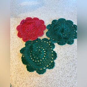Hand crafted crocheted holiday doily’s 2 green and 1 red